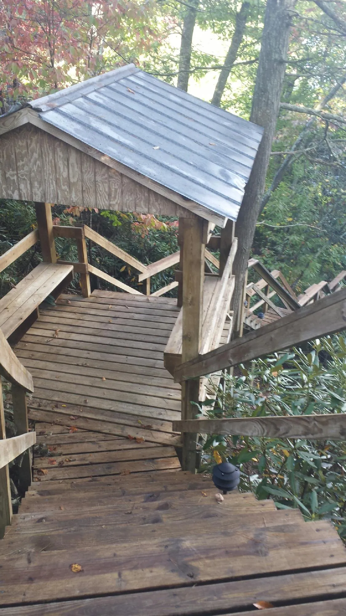 Metal roofed shelter over wooden steps on a wooded walkway — Skylight Repair & Installation work by our crew in Glen Wild
